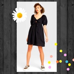 Black Tie Knot Puff Sleeves Babydoll Dress Size S